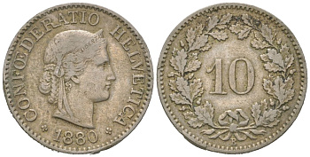 Швейцария 10 раппенов 1880 B KM 27 медно-никель 4164-225
