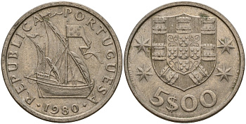 Португалия 5 эскудо 1980 KM 591 медно-никель 4156-547