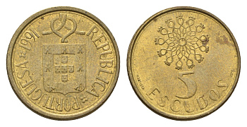 Португалия 5 эскудо 1991 KM 632 никель латунь 4674-764