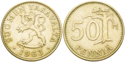 ФИНЛЯНДИЯ 50 ПЕННИ 1963 S ПЕРВЫЙ ГОД KM 48 алюминиевая бронза 3457-846