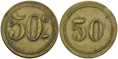 Франция 50 сантимов XIX-XX век ресторанный жетон латунь 4166-1222
