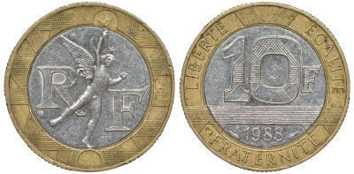 Франция 10 франков 1988 тип Гений Бастилии KM 964.1, Le Frank 375.2 биметалл 45-536