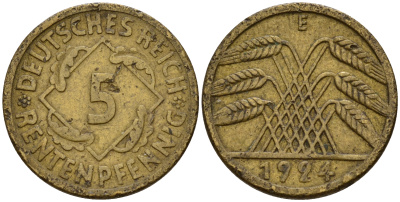 Германия 5 рентенпфеннигов 1924 E J.308, KM 32 алюминиевая бронза    4598-1158