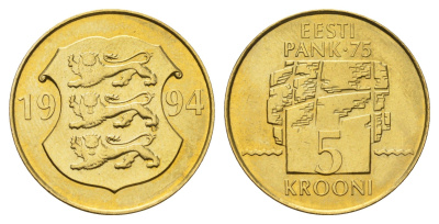 Эстония 5 крон 1994 75 лет Банку Эстонии KM 30 латунь UNC 4148-446