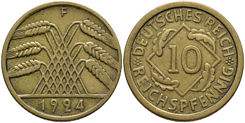 Германия 10 рейхспфеннигов 1924 F KM 40 алюминиевая бронза 4171-325
