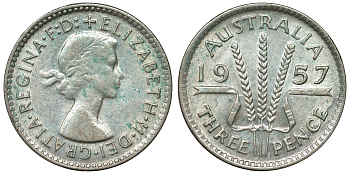 Австралия 3 пенса 1957 m, Елизавета II (1953-) KM 57 серебро 71-536