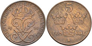 Швеция 5 эре 1930 Густав V (1907-1950) KM 779.2 бронза 4557-841