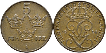 Швеция 5 эре 1924 Густав V (1907-1950) KM 779.2 бронза 4394-912
