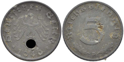 ГЕРМАНИЯ 5 РЕЙХСПФЕННИГОВ 1940 D KM 100, J. 370 цинк 105-226