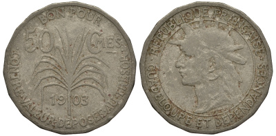 Гваделупа 50 сантимов 1903 KM 45 медно-никель 272-535
