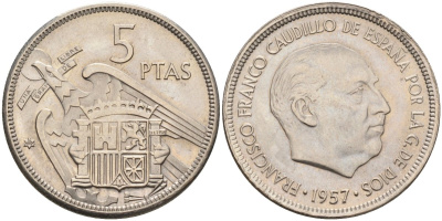 Испания 5 песет 1957(69) Франциско Франко (1939-1975) KM 786 медно-никель UNC 4583-1134