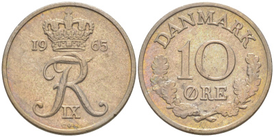 Дания 10 эре 1965 C;S, Фредерик IX (1947-1972) КМ 849.1 медно-никель 187-647