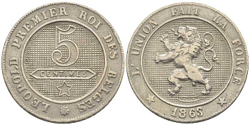 БЕЛЬГИЯ 5 САНТИМОВ 1863 BELGES, ЛЕОПОЛЬД III (1934-1950) KM 21 медно-никель 116-941