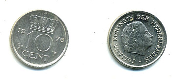 Нидерланды 10 центов 1976 Юлиана (1948-1980) КМ 182 никель 76-352