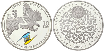 Киргизия (Кыргызстан) 10 сом 2009 серия животный мир стран ЕврАзЭС, беркут, эмаль KM 38 серебро PROOF 1080-5-32