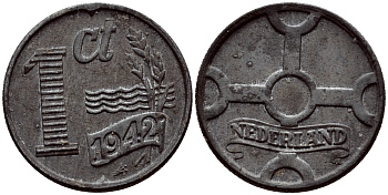 НИДЕРЛАНДЫ 1 ЦЕНТ 1942 ВИЛЬГЕЛЬМИНА (1890-1948) KM 170 цинк 46-523