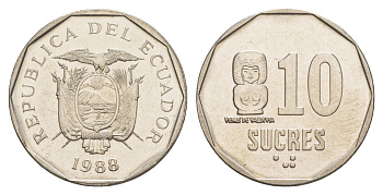 Эквадор 10 сукре 1988 KM 92.1 сталь плакированная никелем UNC 4641-713
