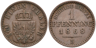 Пруссия 1 пфенниг 1868 B, Вильгельм I (1861-1888) KM 480 медь 4576-145