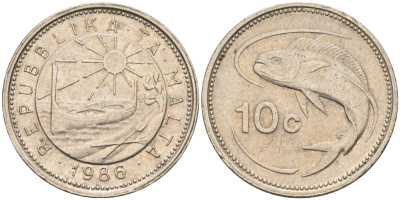 Мальта 10 центов 1986 золотая макрель KM 76 медно-никель 4588-162