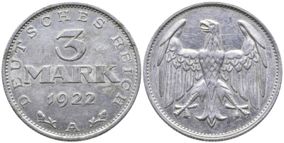 ГЕРМАНИЯ 3 МАРКИ 1922 А KM 28, J. 302 алюминий 38-234