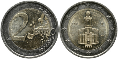 ФРГ 2 евро 2015 D, ГЕССЕН, ЦЕРКОВЬ СВЯТОГО ПАВЛА ВО ФРАНКФУРТЕ-НА-МАЙНЕ, СЕРИЯ ФЕДЕРАЛЬНЫЕ ЗЕМЛИ ГЕРМАНИИ KM NEW биметалл 34-732