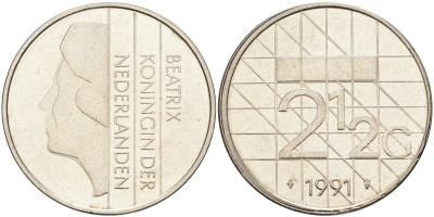 Нидерланды 2 1/2 гульдена 1991 Беатрикс (1980-2013) KM 206 никель 4593-715