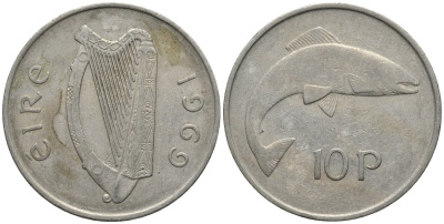 Ирландия 10 пенсов 1969 лосось KM 23 медно-никель 3855-1011