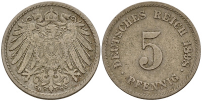Германия 5 пфеннигов 1898 G J.12, KM 11 медно-никель    4598-1123