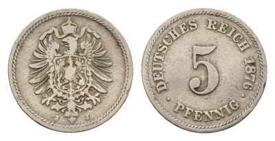 Германия 5 пфеннигов 1876 J, Вильгельм I (1871-1888) KM 3, J. 3 медно-никель 4632-666