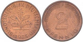 ФРГ 2 ПФЕННИГА 1975 F KM 106a, J.381a сталь плакированная сталь плакированная медьюю 3996-1113