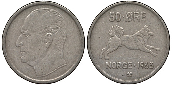 Норвегия 50 эре 1963 Улаф V (1957-1991), собака KM 408 медно-никель 4128-1131