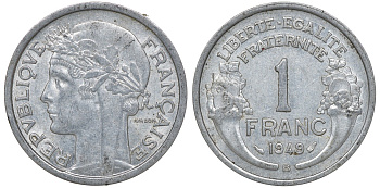 Франция 1 франк 1949 B KM 885a.2 алюминий 4163-437