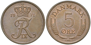 Дания 5 эре 1971 C; S, Фредерик IX (1947-1972) KM 848 бронза UNC 213-754
