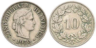 Швейцария 10 раппенов 1930 В KM 27 медно-никель 4576-941