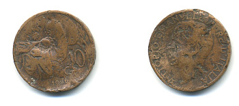 ИТАЛИЯ 10 ЧЕНТЕЗИМО 1926 R ВИКТОР ЭММАНУИЛ KM 60 медь 80-1215