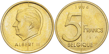 БЕЛЬГИЯ 5 ФРАНКОВ 1994 BELGIQUE, АЛЬБЕРТ II (1993-) KM 189 алюминиевая бронза 4382-942