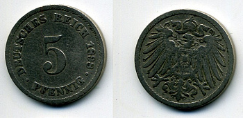Германия 5 пфеннигов 1898 J KM 11, Jager 12, Weege 6 медно-никель 58-158