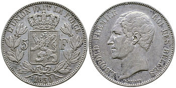 Бельгия 5 франков 1850 Леопольд I (1831-1865) KM 17 серебро 00-1067-3-42