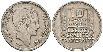 Франция 10 франков 1948 тип Пьер Турин KM 909.1, Le Franc 362.3 медно-никель 4582-251