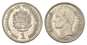 Венесуэла 1 боливар 1989 Симон Боливар, тонкий шрифт Y 52a.1 сталь плакированная никелем 4662-842