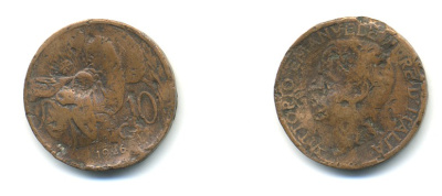 ИТАЛИЯ 10 ЧЕНТЕЗИМО 1926 R ВИКТОР ЭММАНУИЛ KM 60 медь 80-1215