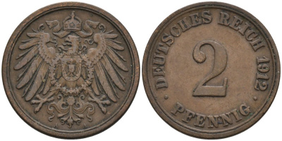 Германия 2 пфеннига 1912 A KM 16, J. 11, Weege 4 медь 4573-1141