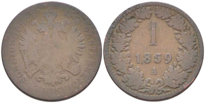 Австрия 1 крейцер 1859 A, Франц Иосиф I (1848-1916) KM 2186 медь 4387-113