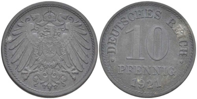 ГЕРМАНИЯ 10 ПФЕННИГОВ 1921 (1917-1922) KM 26, J. 299, Weege 8 цинк 210-312