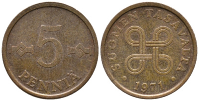 ФИНЛЯНДИЯ 5 ПЕННИ 1971 KM 45 медь 100-1269