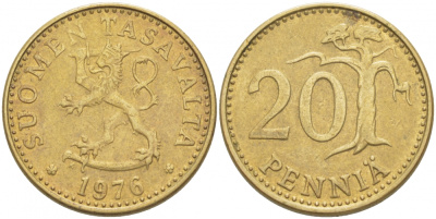 ФИНЛЯНДИЯ 20 ПЕННИ 1976 K KM 47 алюминиевая бронза 3718-626