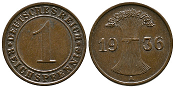 Германия 1 рейхспфенниг 1936 A KM 37, J. 313 бронза 220-146