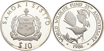 Самоа 10 тала 1986 25 лет WWF, самоанский куриный голубь KM 72 серебро PROOF 11-281-23