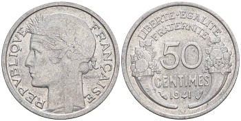 ФРАНЦИЯ 50 САНТИМОВ 1941 ТИП MORLON LOURDE KM 894.1a, LE FRANC 193.2 алюминий 44-318