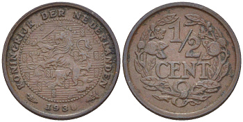 НИДЕРЛАНДЫ 1/2 ЦЕНТА 1938 ВИЛЬГЕЛЬМИНА (1890-1948) KM 138 бронза 76-138